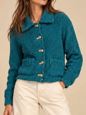 Nevada Teal Chenille Toggle Cardigan Sweater Wooden Buttons Women's Large